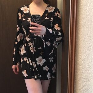 Lulus Black Floral Long Sleeve Wrap Dress
